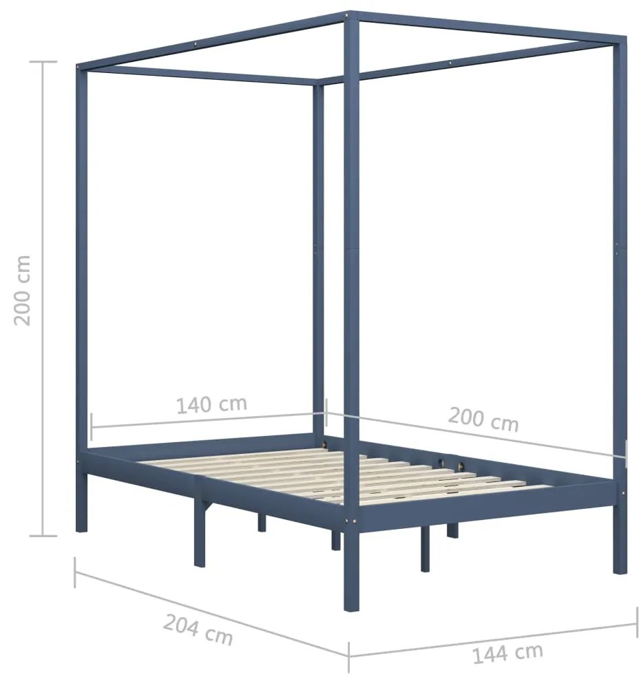 Cadru pat cu baldachin, gri, 140 x 200 cm, lemn masiv de pin Gri, 140 x 200 cm