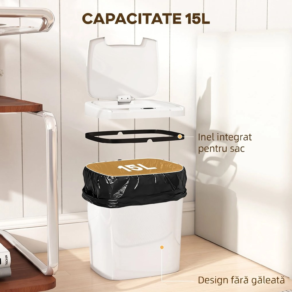 HOMCOM Coș Gunoi cu Senzor Infraroșu 15L, 2 Moduri de Deschidere, Suprafață Anti-amprentă, Baie, Alb | Aosom Romania