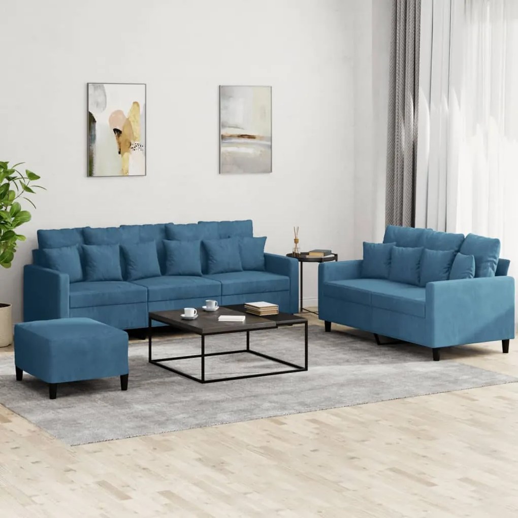 vidaXL Set de canapele cu perne, 3 piese, albastru, catifea
