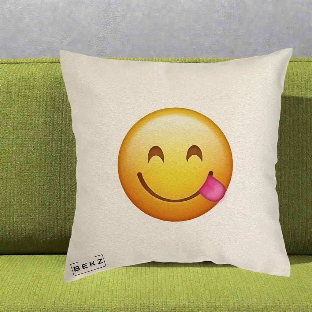 Perna Decorativa Emoji Limba Scoasa, 40x40 cm, Ecru, Husa Detasabila, Perna Inclusa, BEKZ®