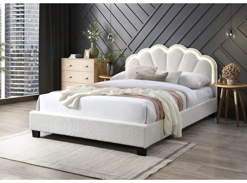 Pat tapitat Comfort 2 cu LED, 160x200, cadru din lemn cu somiera fixa, culoare Crem