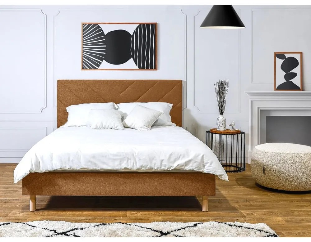 Pat matrimonial portocaliu tapițat cu somieră 140x190 cm Romane – Bobochic Paris