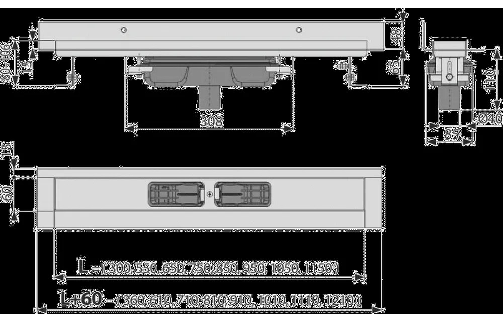 Dus de dus de perete Low 105 cm, cu guler fixat pe perete, scurgere verticala, otel inoxidabil 1050 mm