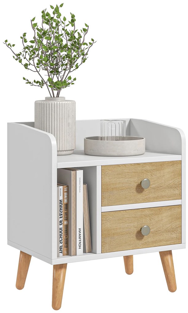 HOMCOM Noptieră cu 2 sertare mari, 1 raft deschis și picioare înalte din pin, design nordic, 43x30x49 cm | Aosom Romania