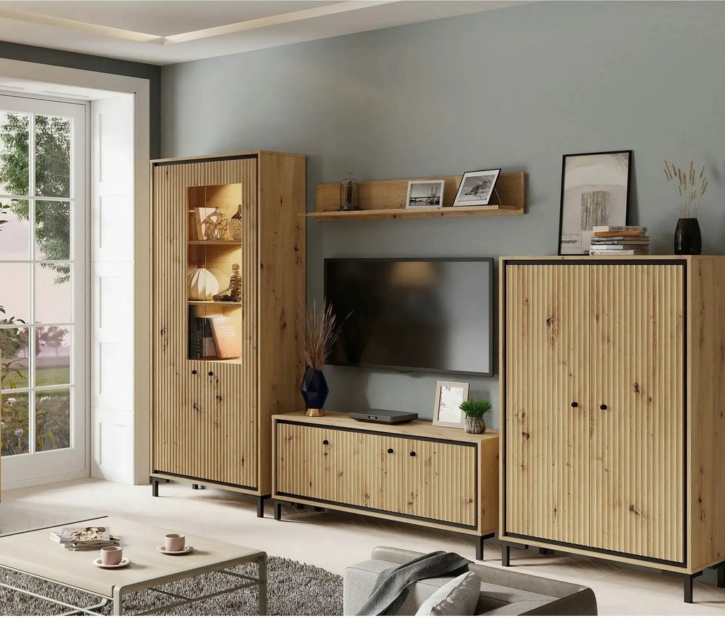 Mobilier living PARII A, stejar artisan, PAL/sticla, cu iluminare LED,