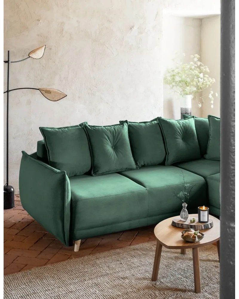 Colțar verde extensibil cu tapițerie din catifea reiată (colț dreapta) Lazy Lukka – Miuform