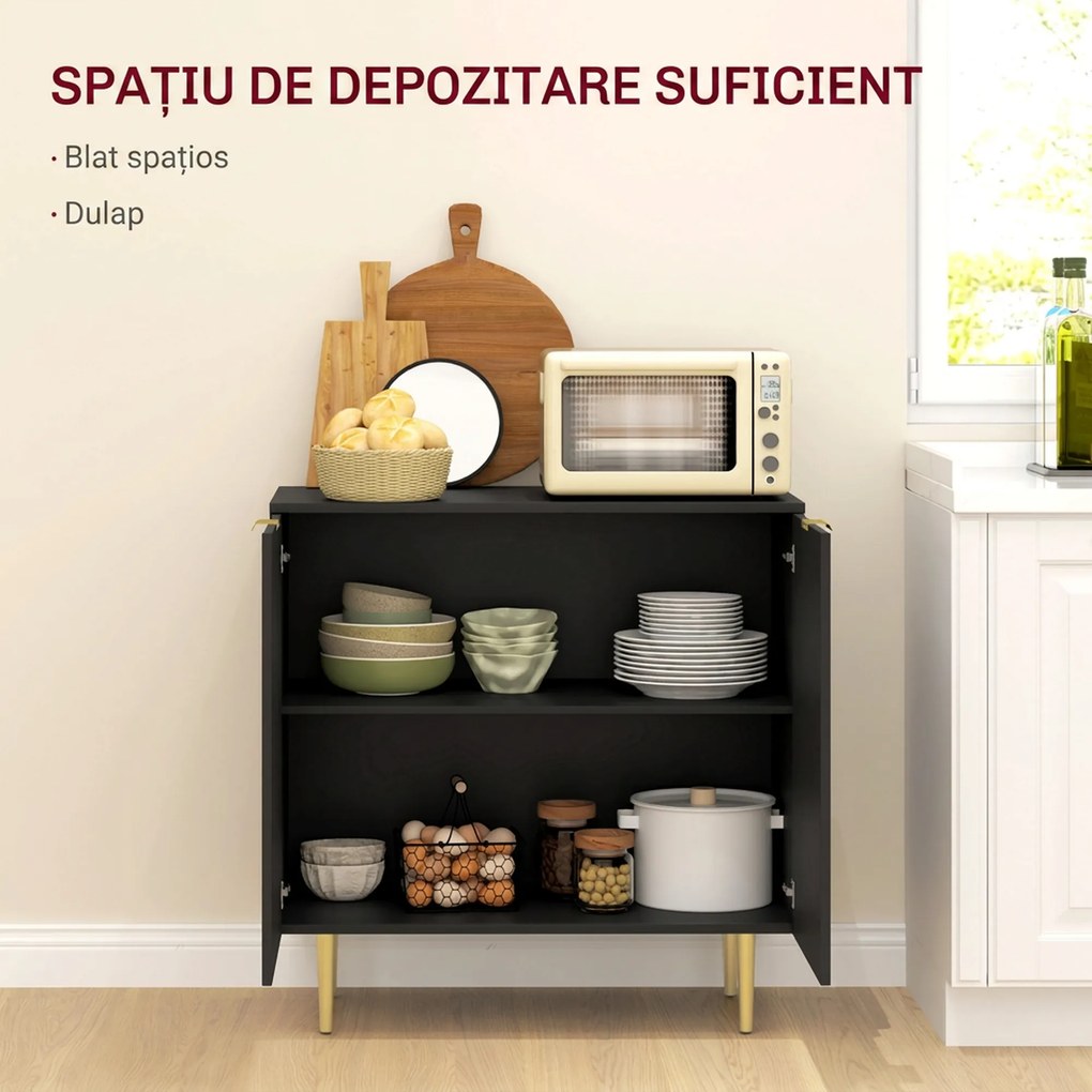 HOMCOM Bufet modern cu 2 uși și raft reglabil, mobilier tip bufet pentru bucătărie și living, cu picioare metalice, negru | Aosom Romania