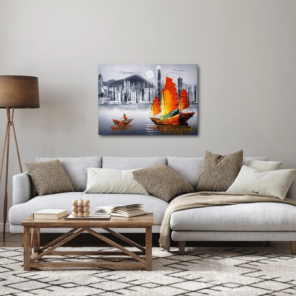 Tablou - Victoria Harbour, Hong Kong, pictură în ulei alb- negru (70x50 cm)