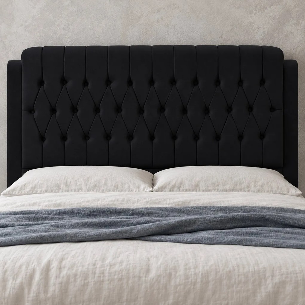 Pat tapițat din catifea Aveline 180×200 cm, negru, cu ladă de depozitare