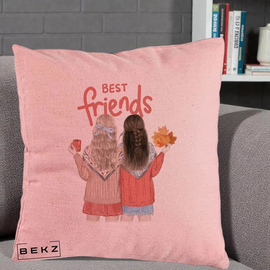 Cadou pentru Prieteni - Perna Personalizata Best Friends Toamna, 40x40 cm, Roz, Husa Detasabila, Perna Inclusa, BEKZ®
