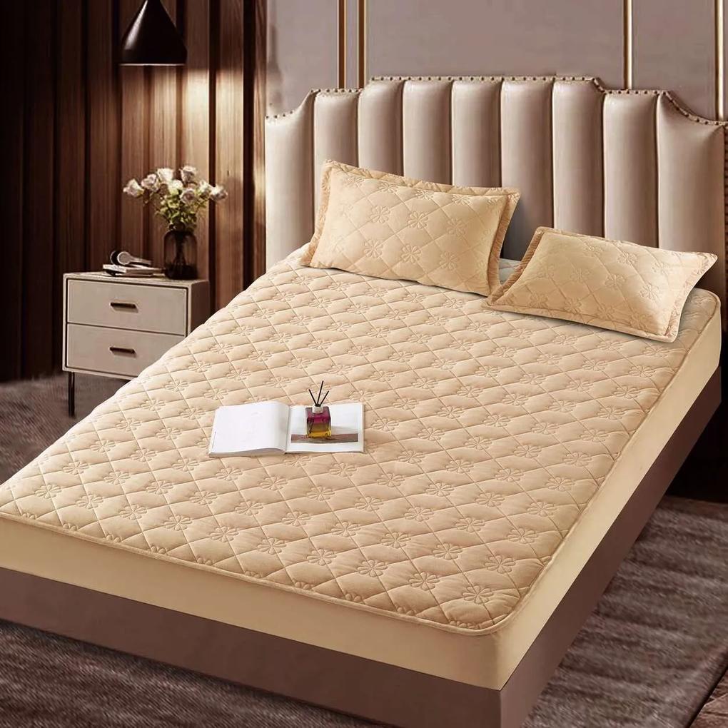 Husa de pat matlasata si 2 fete de perne din catifea, cu elastic, model tip topper, pentru saltea 140x200 cm, bej, HTC-35