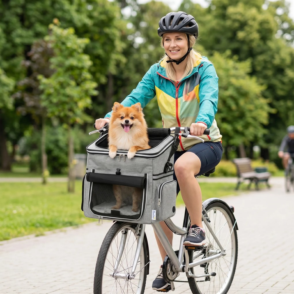 PawHut Coș Frontal pentru Bicicletă pentru Câini, cu Ferestre din Plasă, Pernă Moale și Bol, Gri Deschis | Aosom Romania