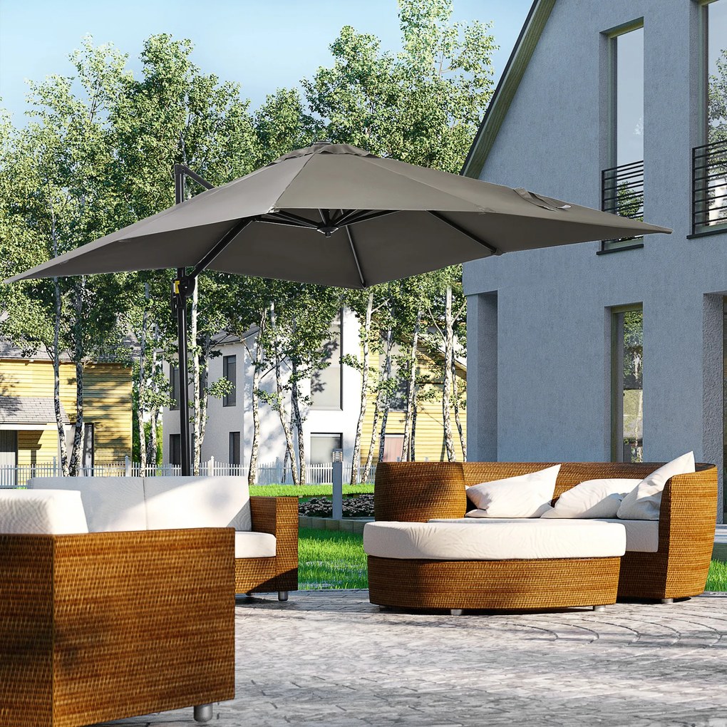 Outsunny Umbrelă de Grădină cu Manivelă, Rotire la 360° și Copertină Reglabilă pe 5 Niveluri, 2.5x2.5 m, Gri Deschis | Aosom Romania