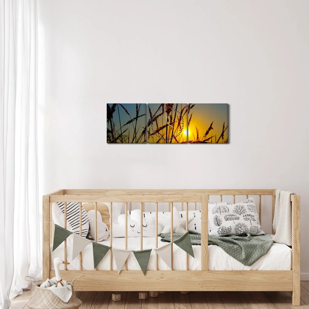 Tablou - Apus de soare pe pajiște (cu ceas) (90x30 cm)