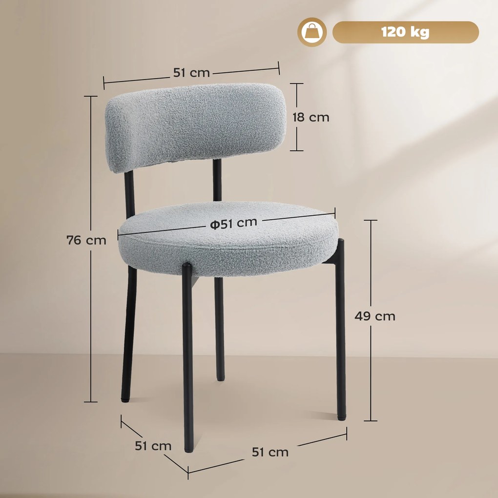 HOMCOM Set de 2 scaune de sufragerie cu spătar din material textil picioare din oțel 51 x 51 x 76 cm gri deschis | Aosom Romania