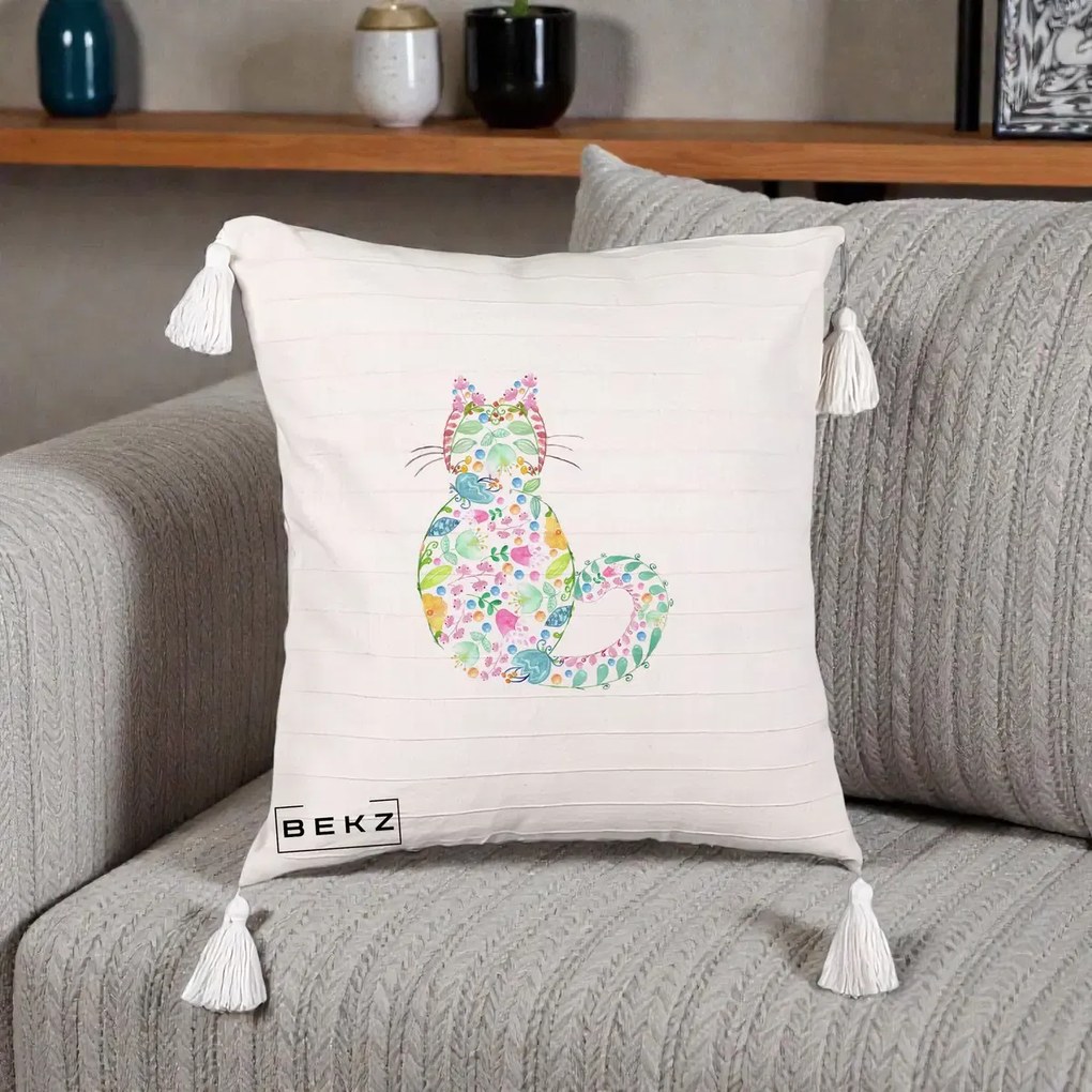 Perna Decorativa Pisica Florala Acuarela, 40x40 cm, Bej cu Franjuri, Husa Detasabila, Perna Inclusa, BEKZ®