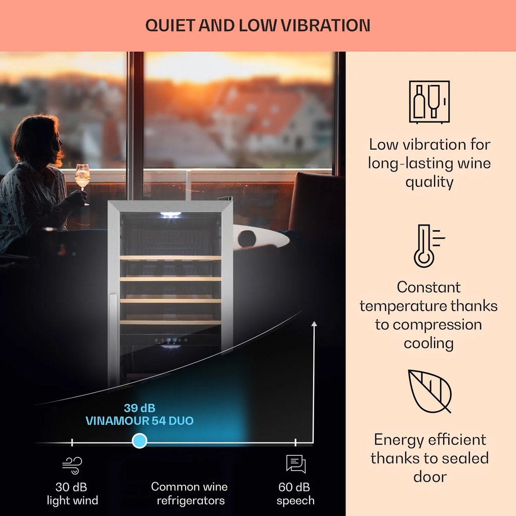 Klarstein Vinamour 54D, răcitor de vinuri, 2 zone, 148 l, 54 sticle, față din oțel inoxidabil