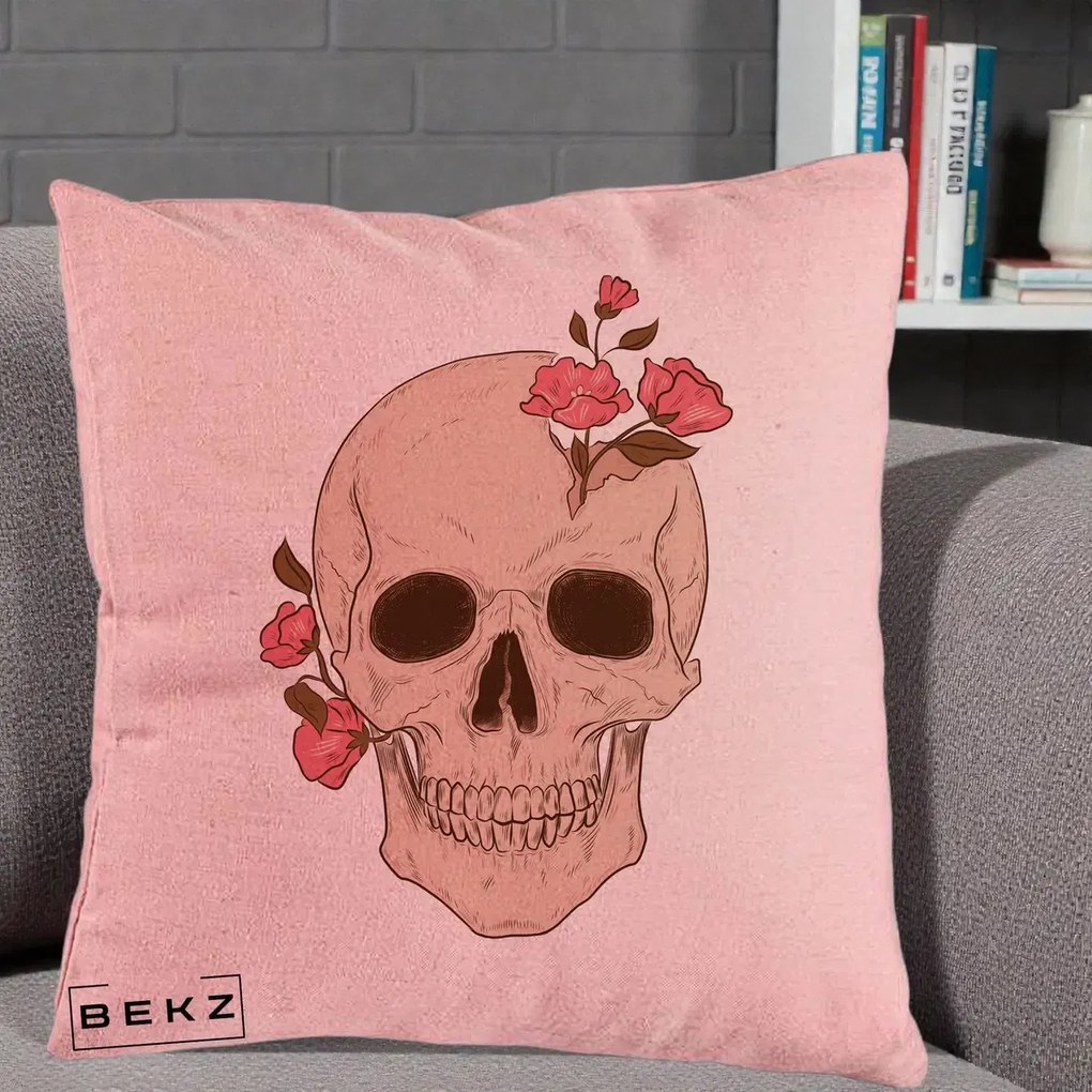 Perna Decorativa Craniu Floral Gothic, 40x40 cm, Roz, Husa Detasabila, Perna Inclusa, BEKZ®