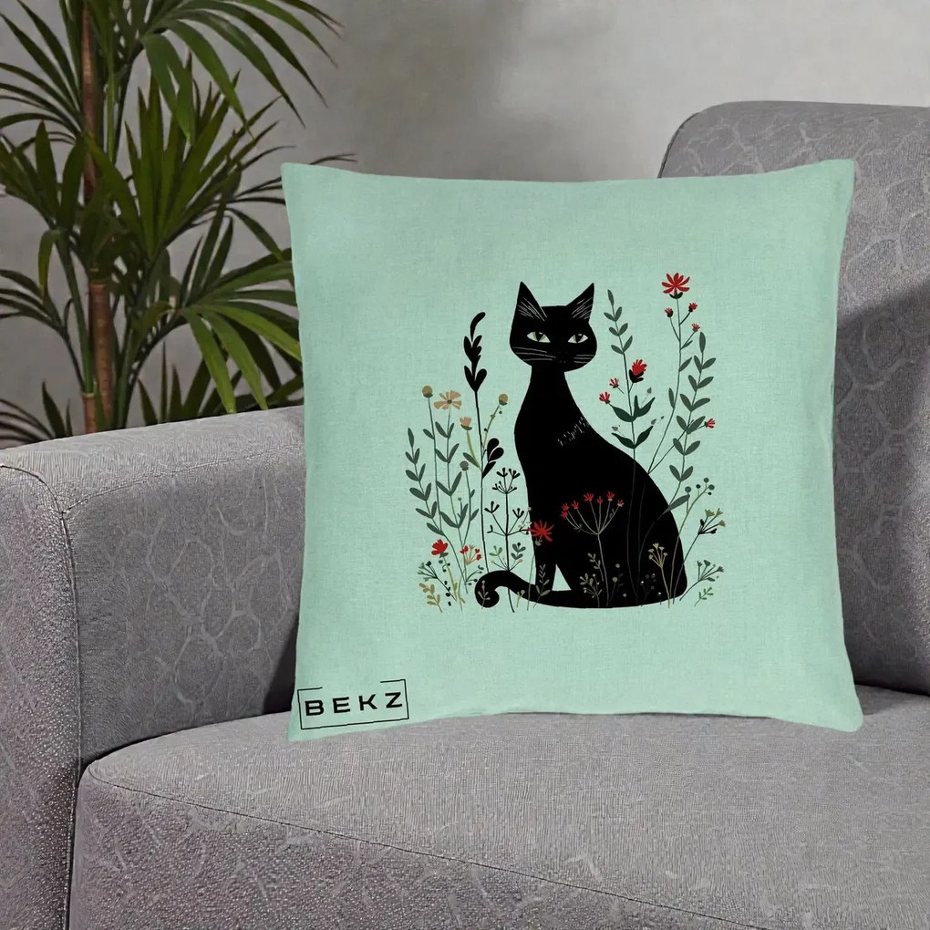 Perna Decorativa Pisica Neagra Botanica Rosu-Gri, 40x40 cm, Verde Menta, Husa Detasabila, Perna Inclusa, BEKZ®