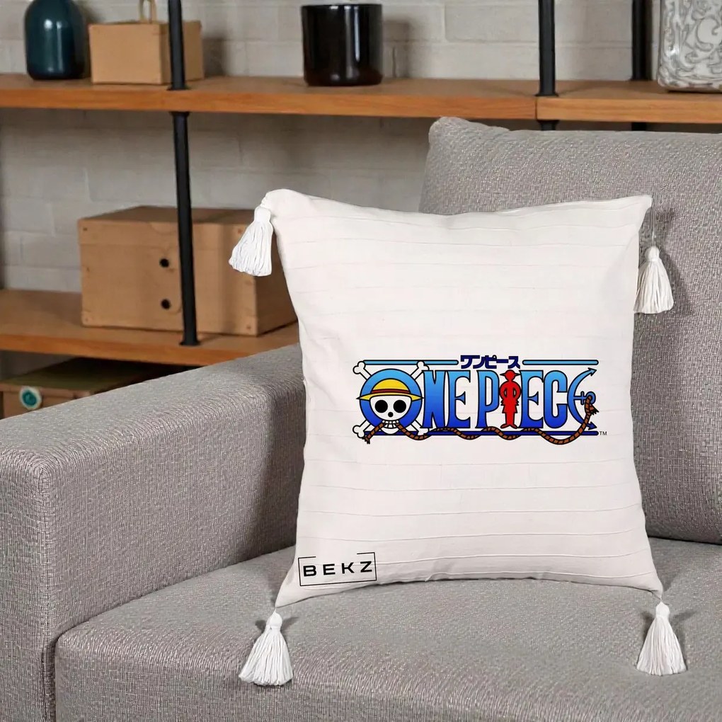 Perna Personalizata One Piece Clasic Albastru, 40x40 cm, Bej cu Franjuri, Husa Detasabila, Perna Inclusa, BEKZ®