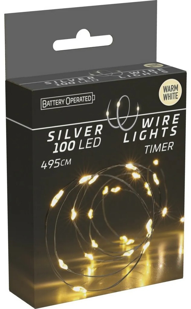 Sârmă luminoasă cu temporizator Silverlights 100 LED, albă caldă, 495 cm