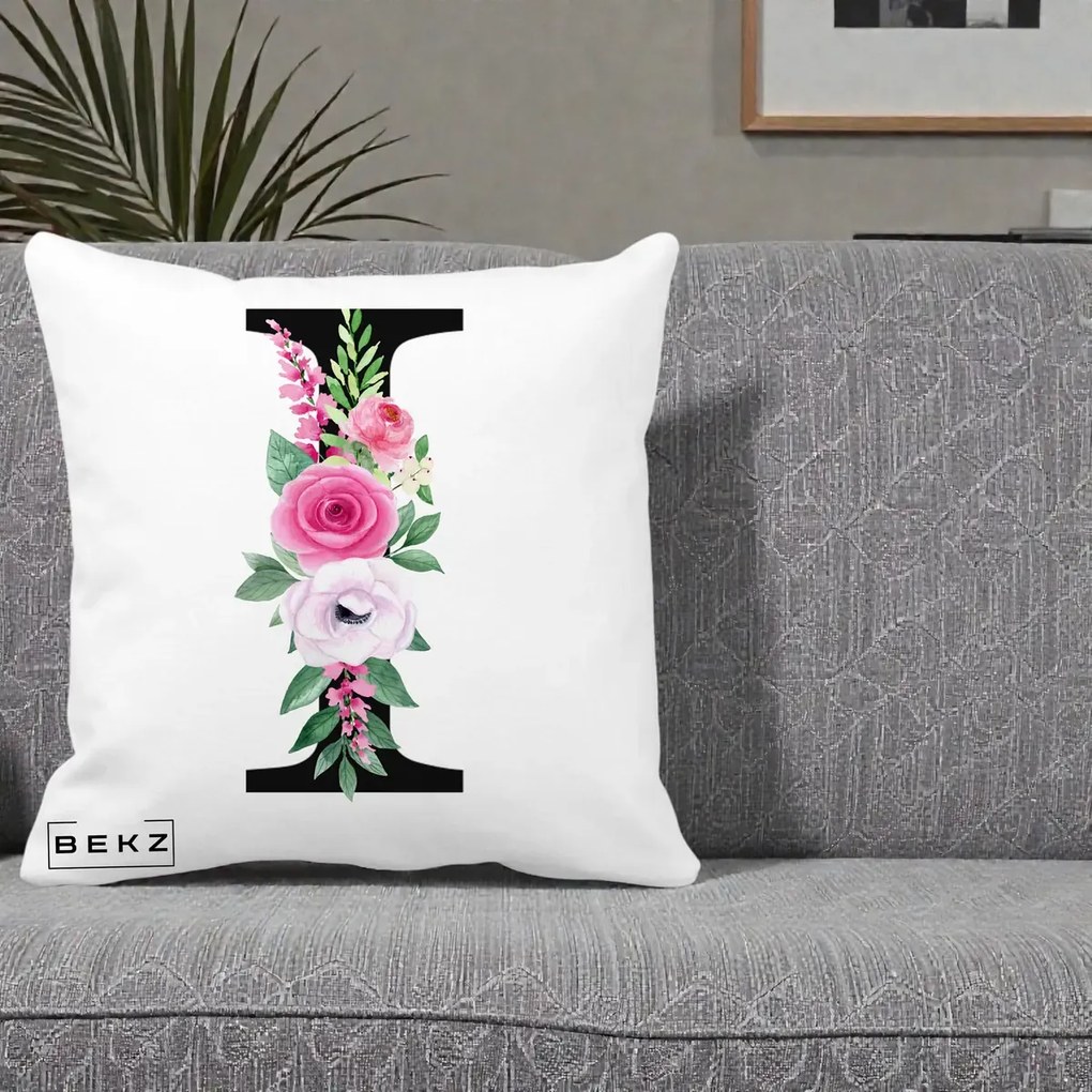 Cadou Personalizat - Perna Personalizata Monograma Florala Litera I, 40x40 cm, Alba Mata, Husa Detasabila, Perna Inclusa, BEKZ®