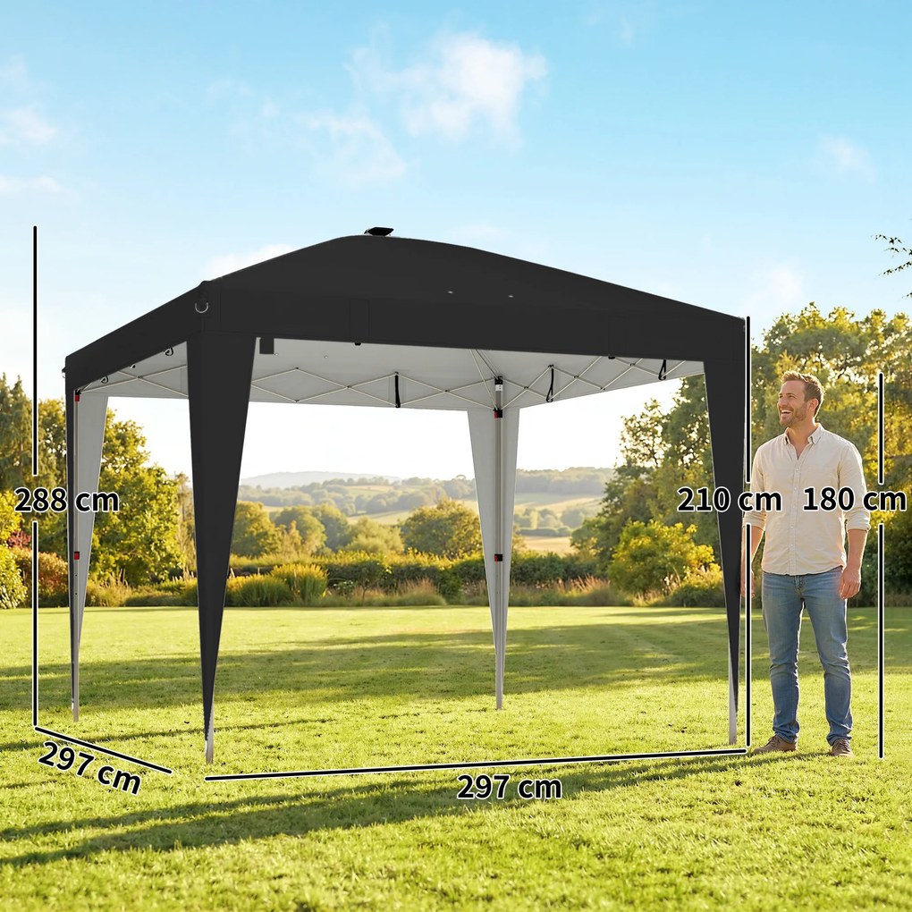 Outsunny Gazebo 3x3 m Pliabil Pop Up cu Înălțime Reglabilă, UV50+, Gazebo de Grădină cu Lumină Centrală și USB, Telecomandă, Geantă de Transport, pentru Exterior, Camping, Petreceri, Negru | Aosom Romania
