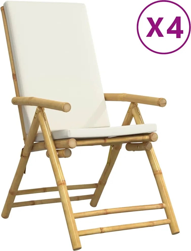vidaXL Scaune pliabile/rabatabile, 4 buc., cu perne alb crem, bambus
