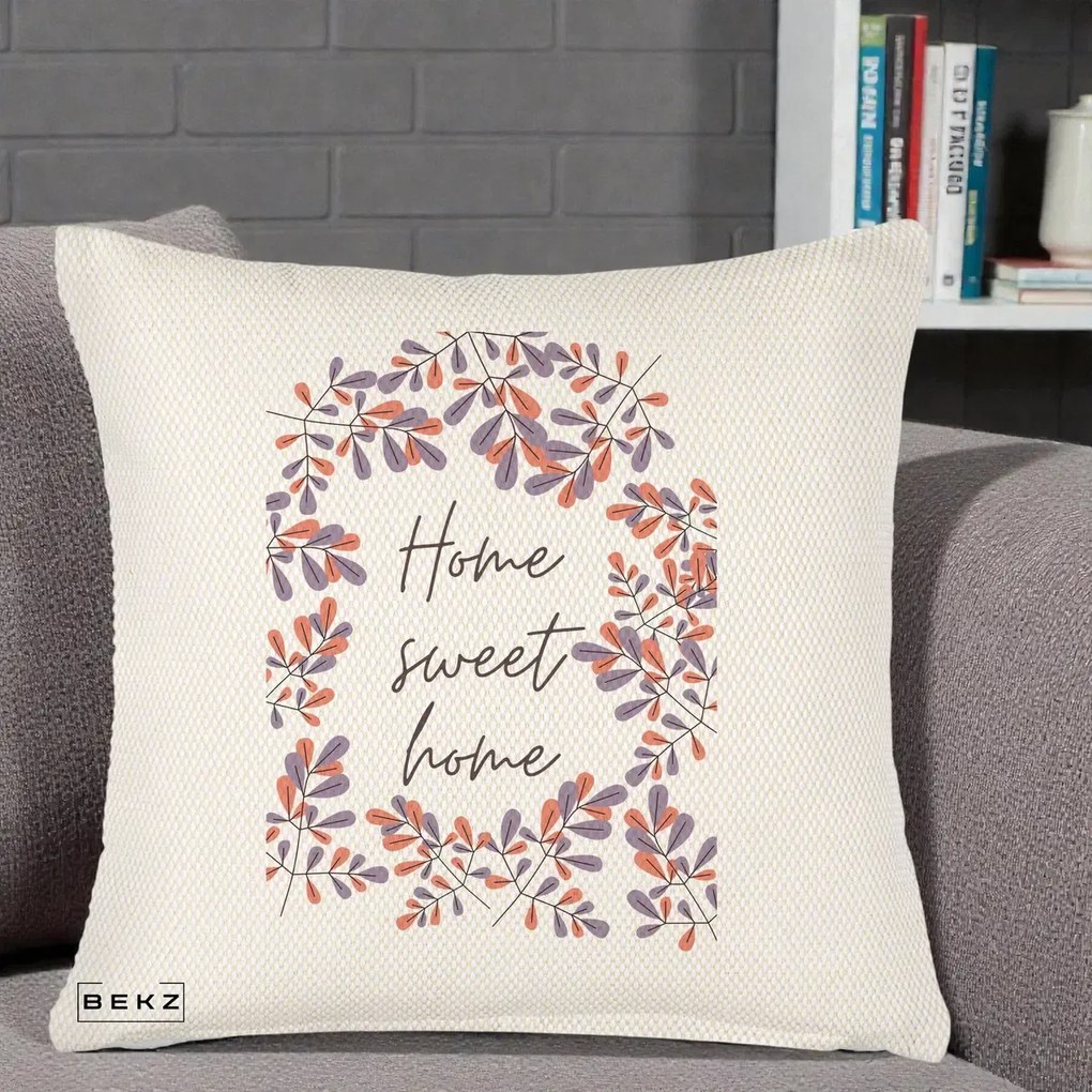 Perna Decorativa Home Sweet Home Frunze Colorate, 40x40 cm, Crem Reliefat, Husa Detasabila, Perna Inclusa, BEKZ®