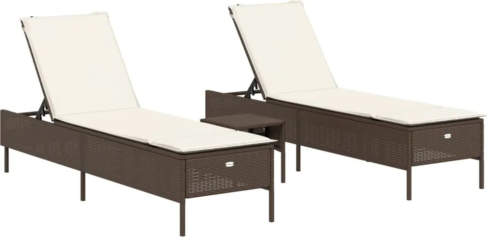 vidaXL Set de șezlonguri, 3 piese, cu pernă, poliratan maro