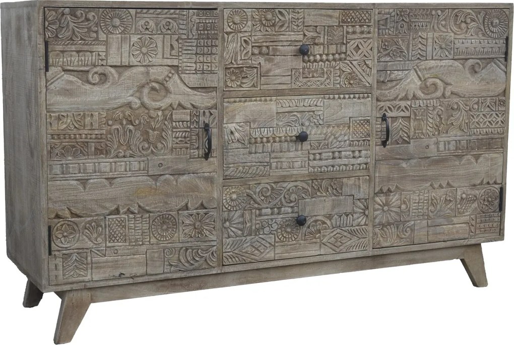 Bufet living în stil etnic, din lemn de mango, natur, cu 2 uși sculptate manual, 3 sertare și picioare înclinate, 91 x 150 x 45 cm, „Kheda”