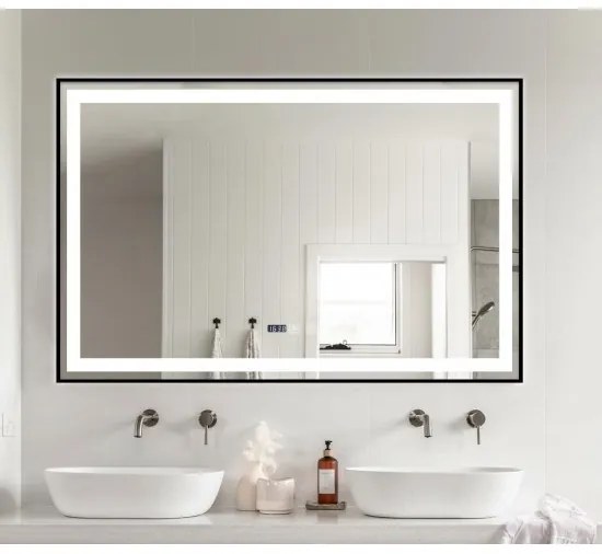Oglindă Baie LED și Dezaburire Elit's Premium cu Senzor Touch, Lumina Rece, Caldă și Neutră, 100x65cm, cu rama Negru Antichizat, Ceas