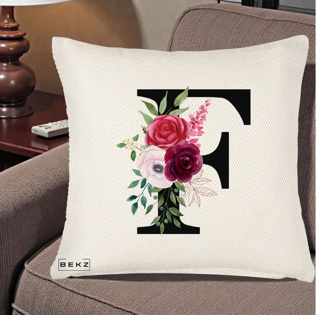 Cadou Personalizat - Perna Personalizata Monograma Florala Litera F, 40x40 cm, Crem Reliefat, Husa Detasabila, Perna Inclusa, BEKZ®