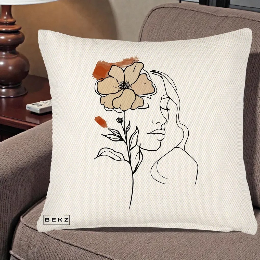 Perna Decorativa Portret Feminin Floare Bej Terracotta, 40x40 cm, Crem Reliefat, Husa Detasabila, Perna Inclusa, BEKZ®