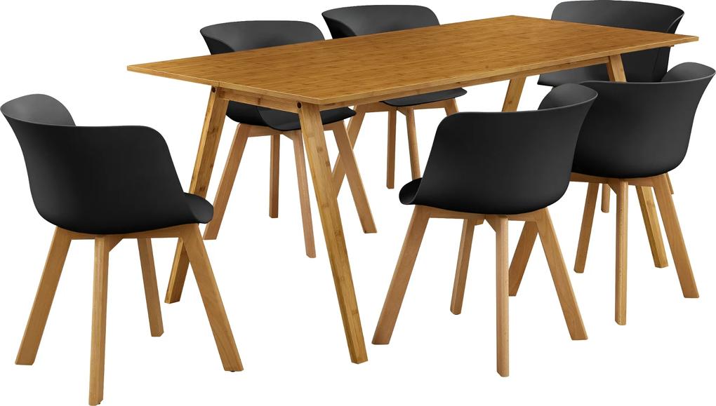 [en.casa]®  Masa de bucatarie/salon bambus design Model 3, MDF/plastic/lemn de fag, 180 x 80 x 76 cm cu 6 scaune, culoarea bambusului/negru