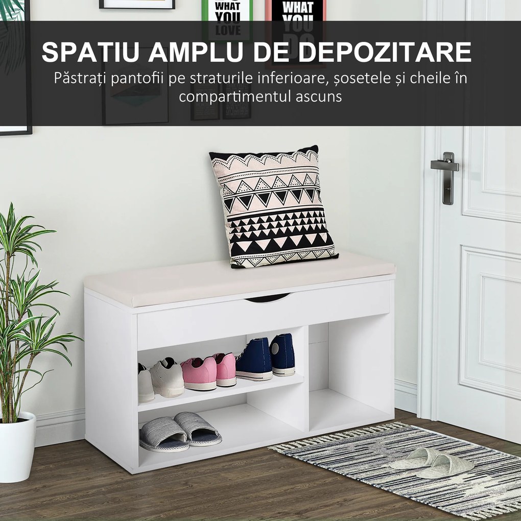 HOMCOM Bancă pentru Pantofi, soluție economisitoare de spațiu, cu șezut imblopat și capac rabatabil, pentru intrare, PAL, 80x30x47cm, Alb | Aosom Romania
