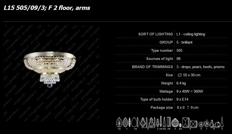Plafoniera cristal Bohemia, L15 505/09/3; F 2 floor, arms