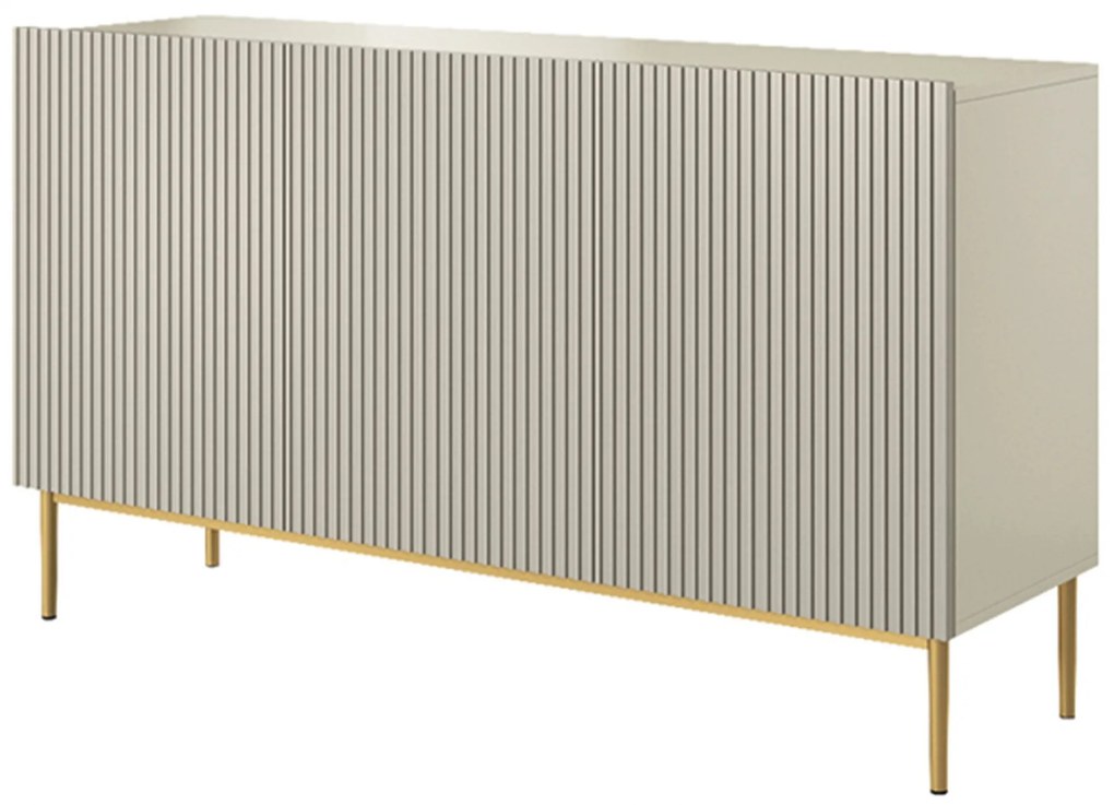 Comodă cu trei uși fațadă canelată Nicole 150 cm - cașmir / picioare aurii