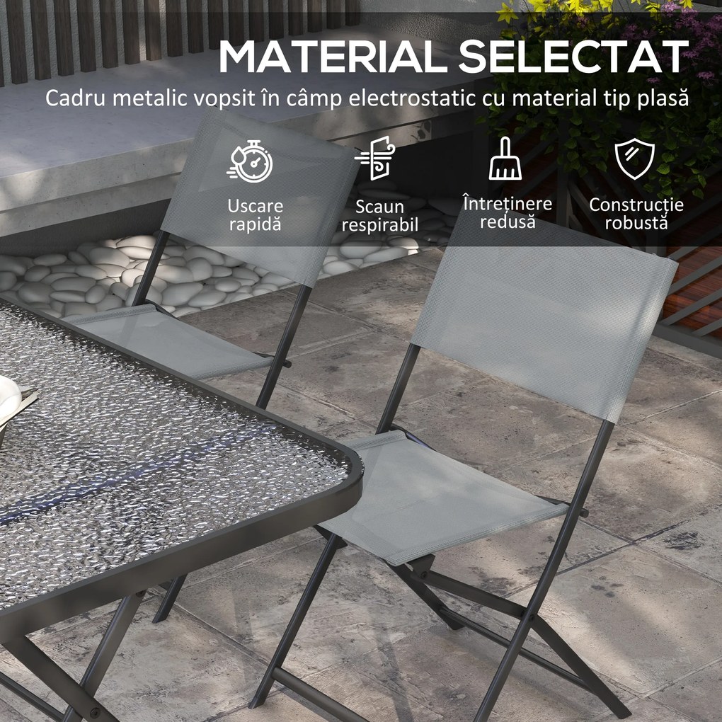Outsunny Set de Grădină 5 Piese – 4 Scaune Pliabile din Textilene și Masă din Sticlă Securizată, Gri | Aosom Romania