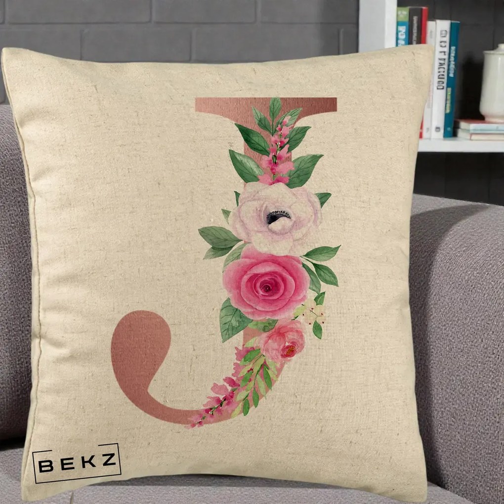 Cadou Personalizat - Perna Personalizata Monograma Rose Gold Litera J, 40x40 cm, Bej, Husa Detasabila, Perna Inclusa, BEKZ®