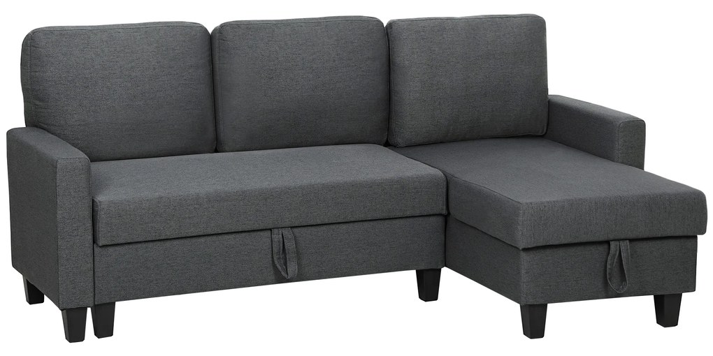 HOMCOM Canapea Extensibilă cu 3 Locuri cu Șezlong și Spațiu de Depozitare, 197x129x85 cm, Gri Închis | Aosom Romania