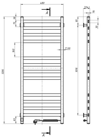 Radiator de baie tip scară cu termostat AVANGARD 459W/230V 120,6cm IP44, alb, dreapta