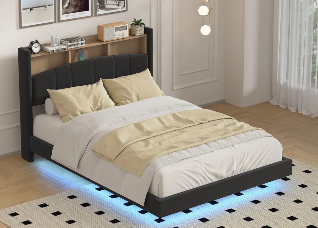 Pat C01 Tapitat Catifea 160x200cm, cu iluminare LED integrata, Negru, Saltea Ortopedica 20cm inclusa