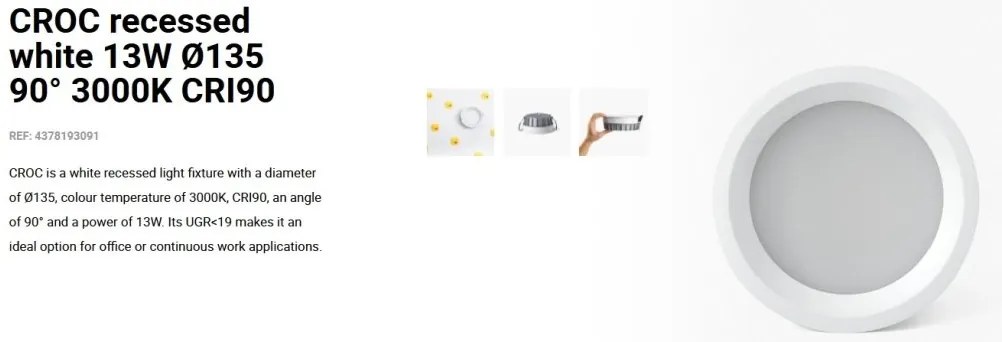 Spot LED incastrabil CROC IP44 recessed white 13W 13,5cm 90 grade 3000K CRI90