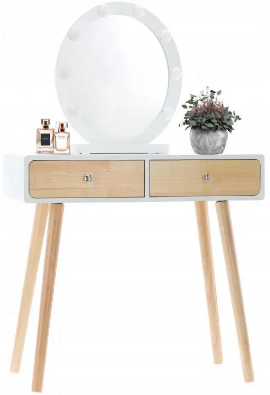 Măsuță de toaletă din lemn alb cu oglindă LED și taburet