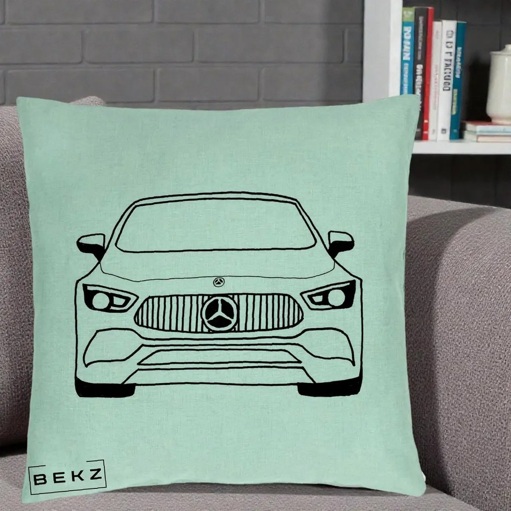 Perna Personalizata Mercedes-Benz Fata Linie, 40x40 cm, Verde Menta, Husa Detasabila, Perna Inclusa, BEKZ®
