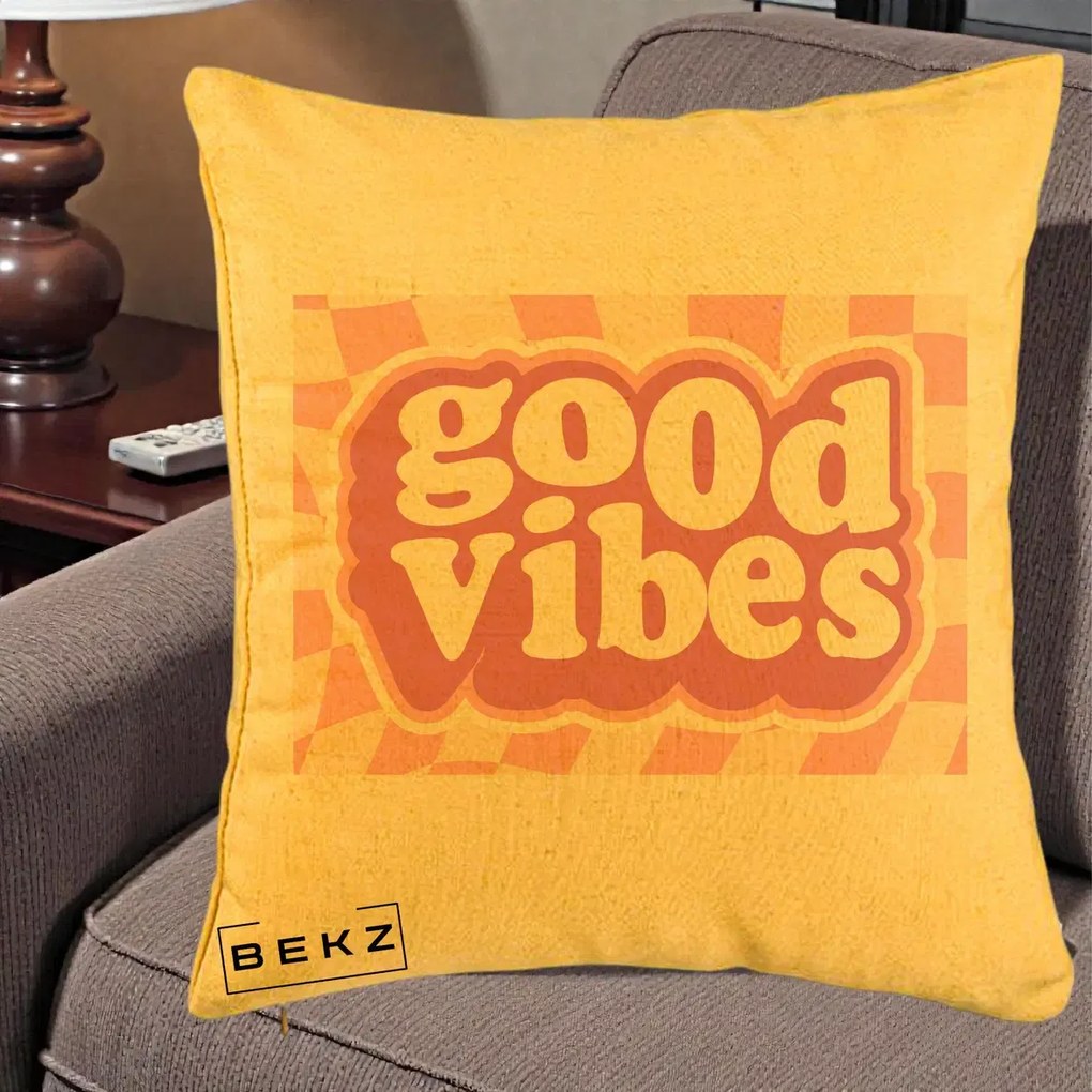 Perna Decorativa Good Vibes Retro Roz, 40x40 cm, Galben, Husa Detasabila, Perna Inclusa, BEKZ®