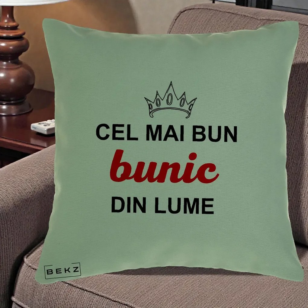 Cadou pentru Bunic - Perna Personalizata Cel Mai Bun Bunic Din Lume Coroana Rosu, 40x40 cm, Verde, Husa Detasabila, Perna Inclusa, BEKZ®