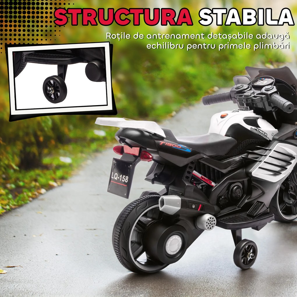AIYAPLAY Motocicletă electrică pentru copii 18-36 luni, 6V, cu roți detașabile, faruri și muzică, albă | Aosom Romania