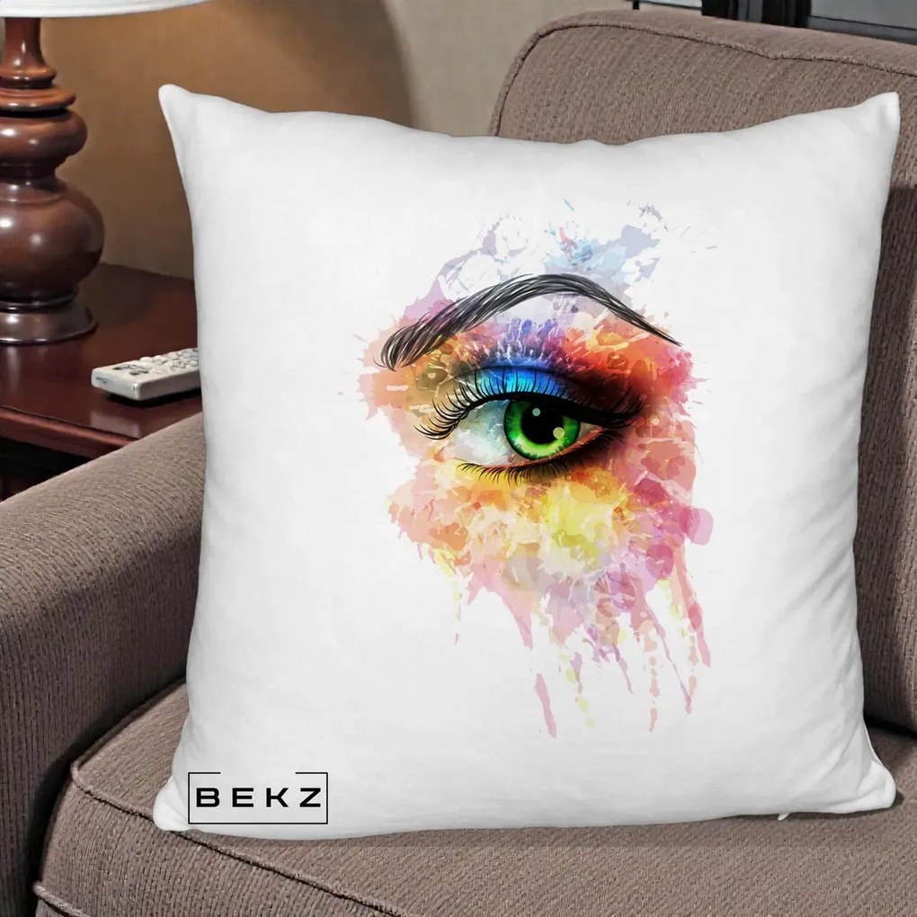 Perna Decorativa Ochi Verde Acuarela, 40x40 cm, Alb Pufos, Husa Detasabila, Perna Inclusa, BEKZ®